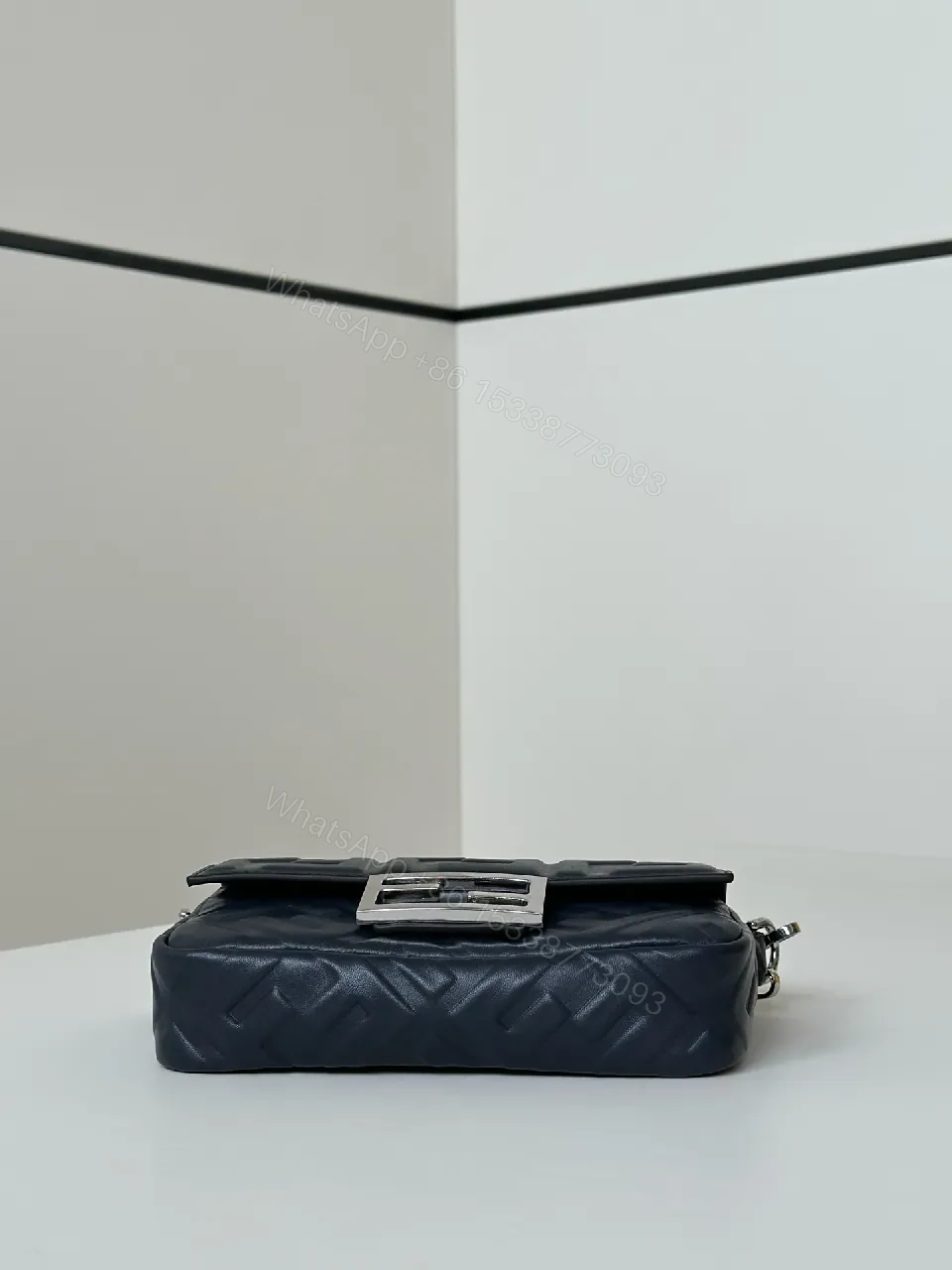 View 5 of Structured Quilted Navy Leather Shoulder Bag, Mini with Silver Hardware