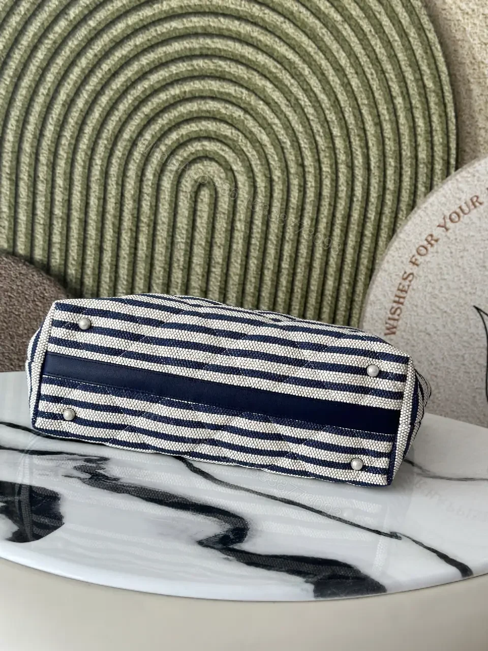View 8 of Navy Stripe Woven Tote Bag with Leather Accents and Chanel Logo