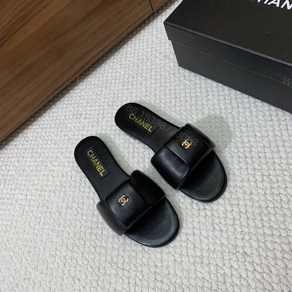 View 6 of Black Leather Slide Gold CHANEL Logo Modern Comfort Fit Sandals