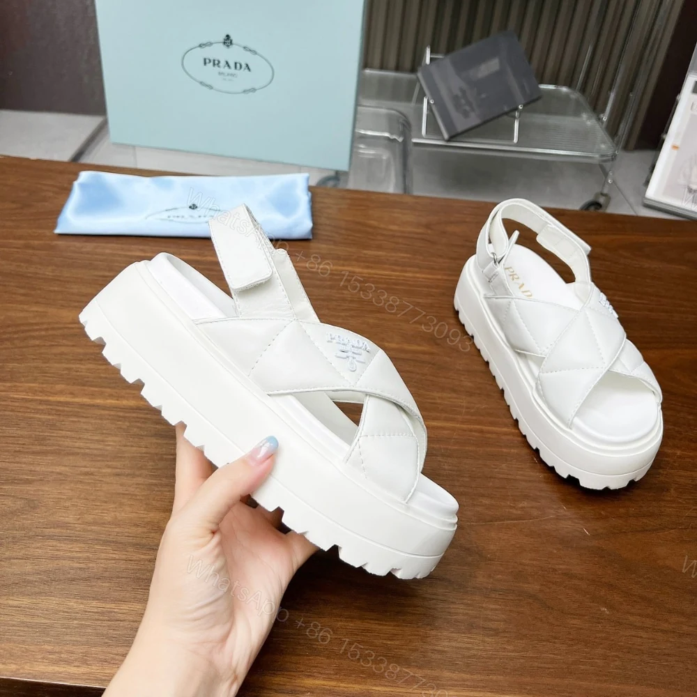 View 5 of PRADA NAPPA LEATHER CRISSCROSS FLATFORM SANDALS IVORY 1XZ777 038 F0304 F 045