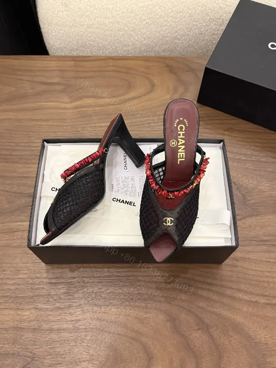 View 5 of Red Velvet Mesh Satin Heels Classic Chanel - Pearl Bead Strap Sandals