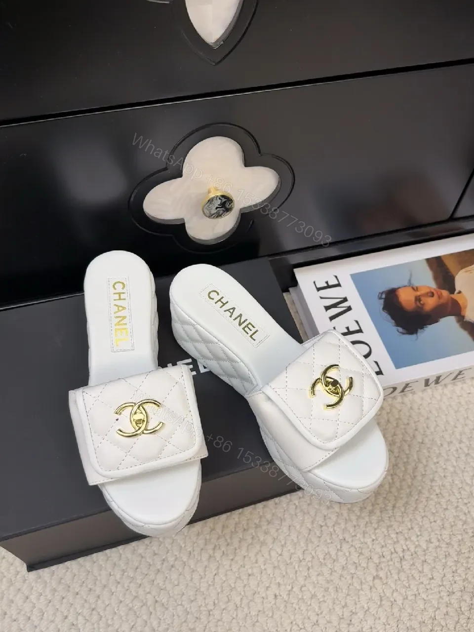 View 6 of White Quilted Slide Sandals with Gold Logo, Luxury Comfort