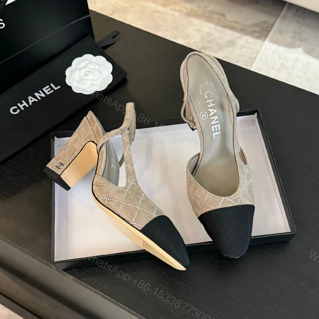 View 9 of Taupe Grid Textured Slingbacks with Black Cap Toe - Elegant Heels