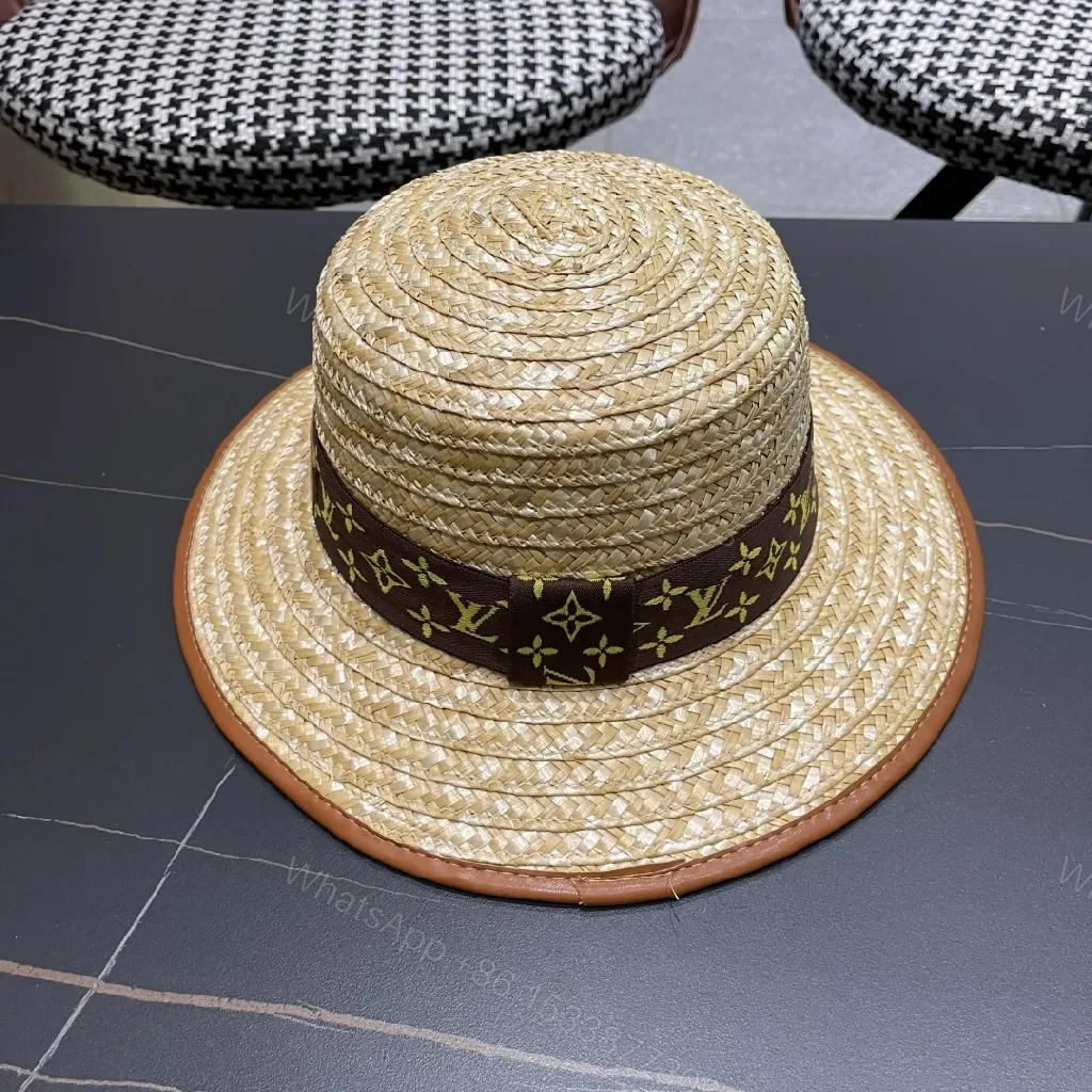 View 4 of Natural Straw Panama Hat with LV-Inspired Band Sun-Ready Luxury