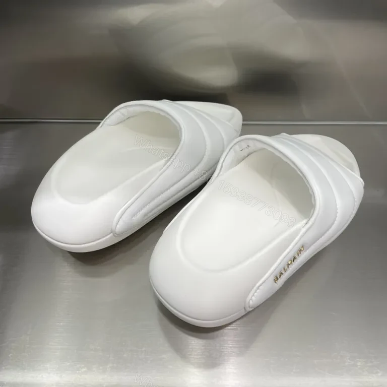View 2 of White Balmain Leather Slides â€“ Contoured Comfort Slip-Ons