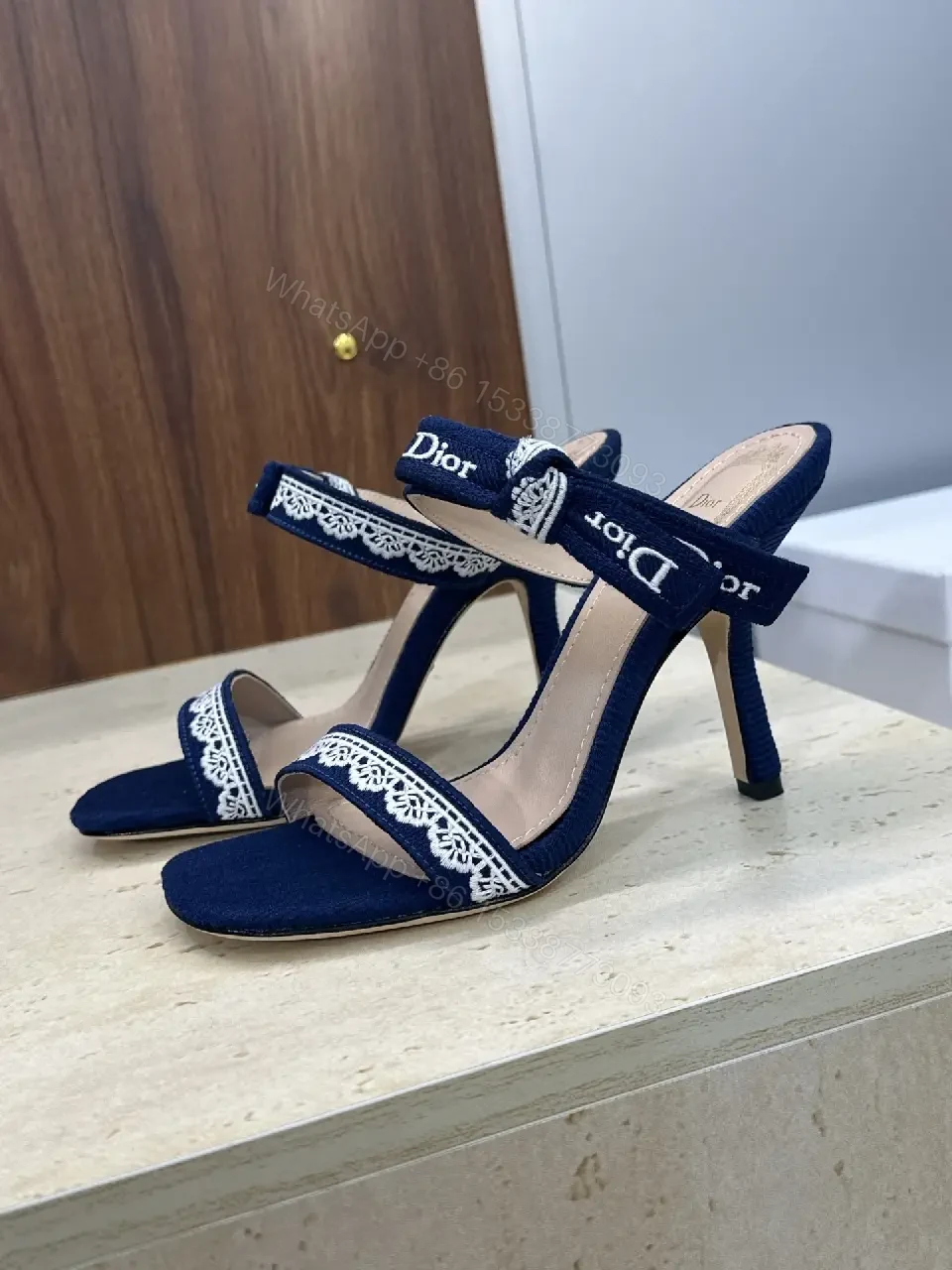View 10 of Navy Satin Lace-Trim Heeled Sandals - Open-Toe Stiletto