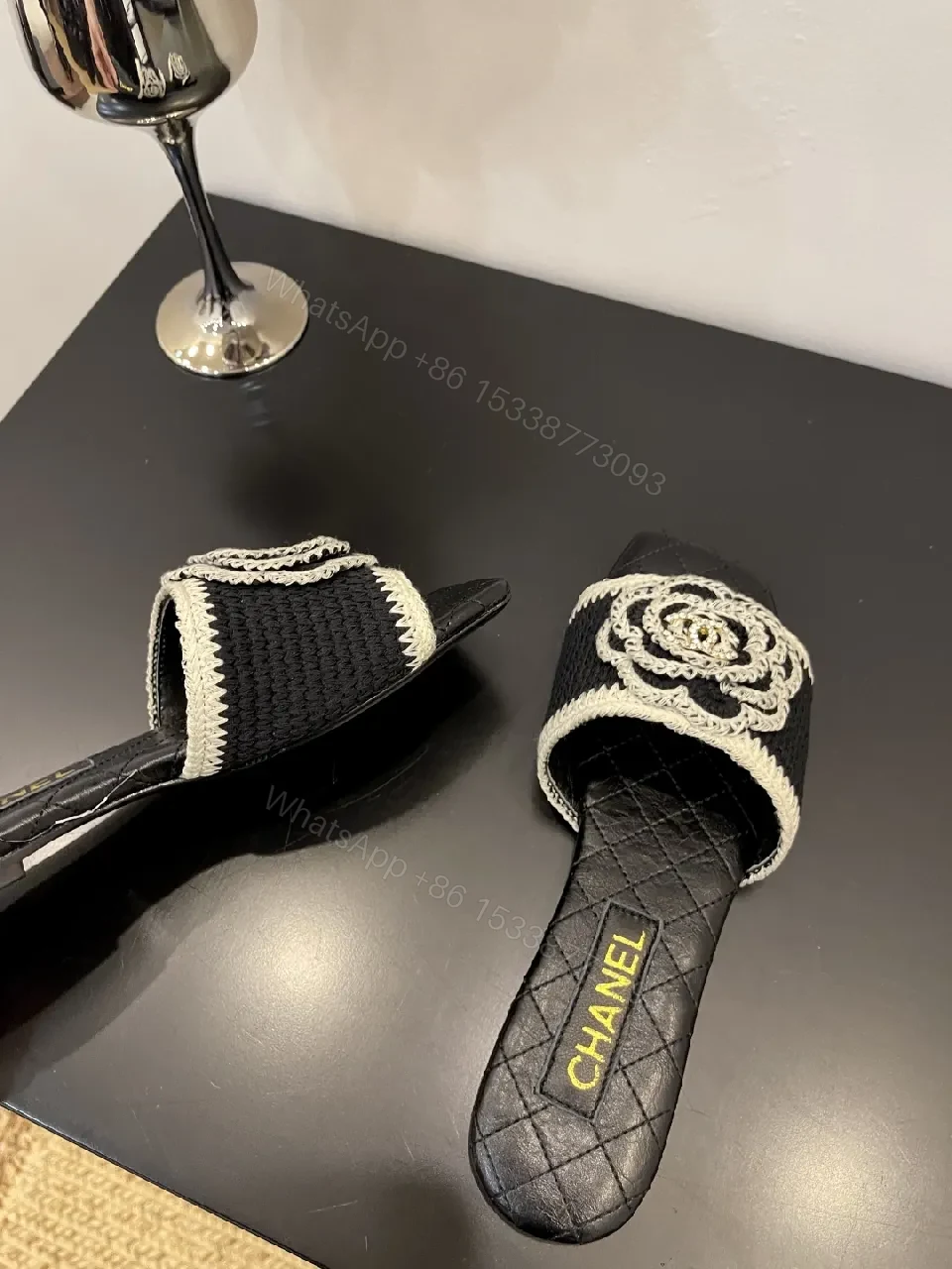 View 5 of Black Quilted Slide with Crochet Camellia Detail - Open-Toe Comfort