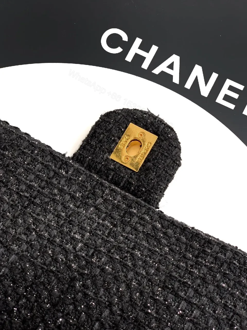 View 8 of Black Tweed Mini Bag with Gold Chain - Luxe Style