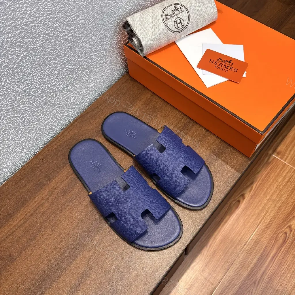 View 4 of Navy Leather Slide Sandals - Minimalist Comfort - Hermes Style (60 chars)