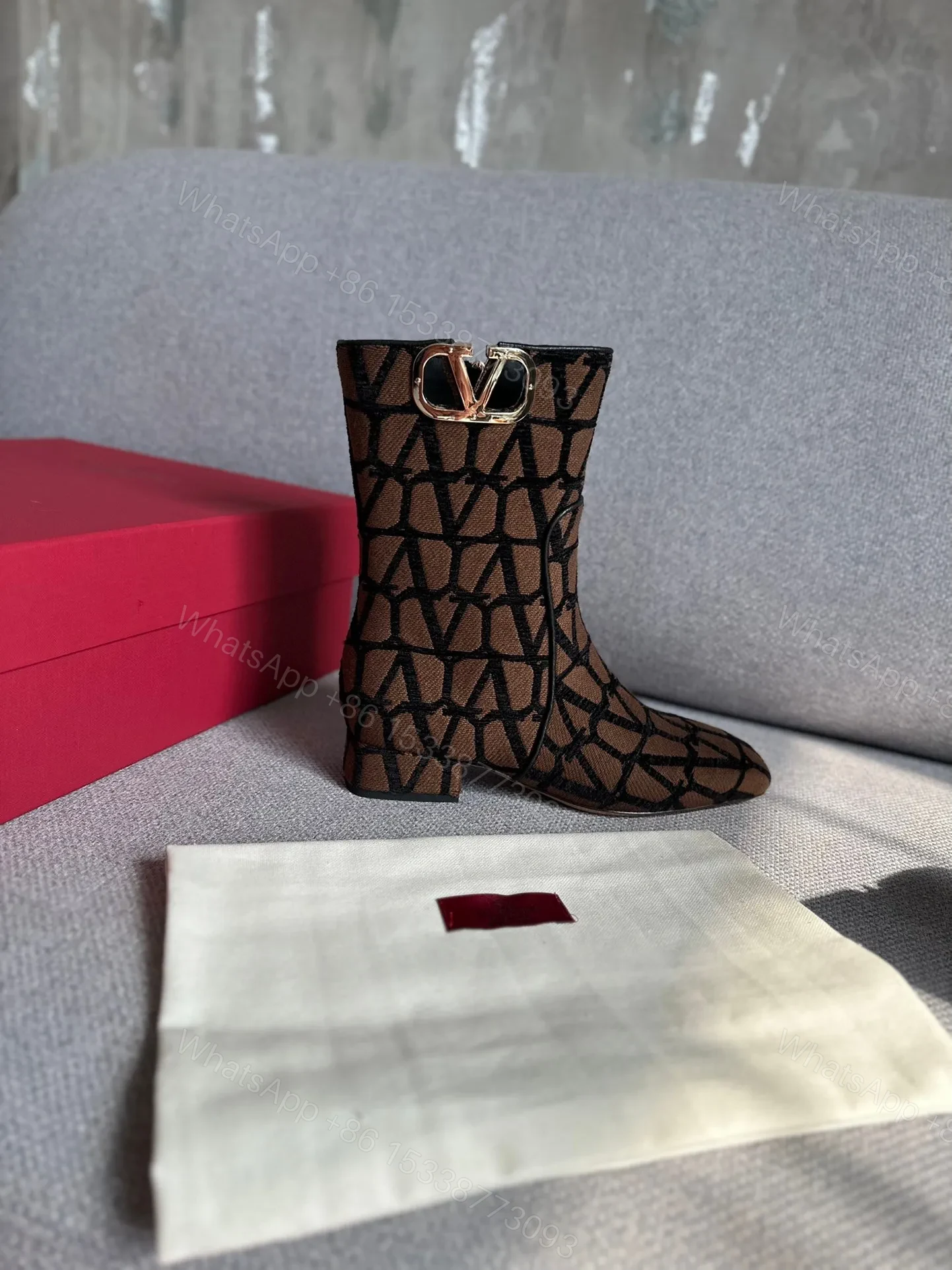 View 5 of Valentino Women Brown Fabric Logo Pattern Boots
