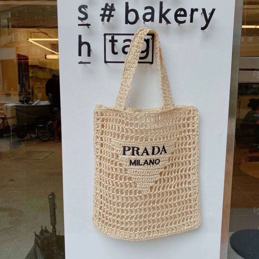 View 7 of Prada Natural Logo Crochet Tote Bag