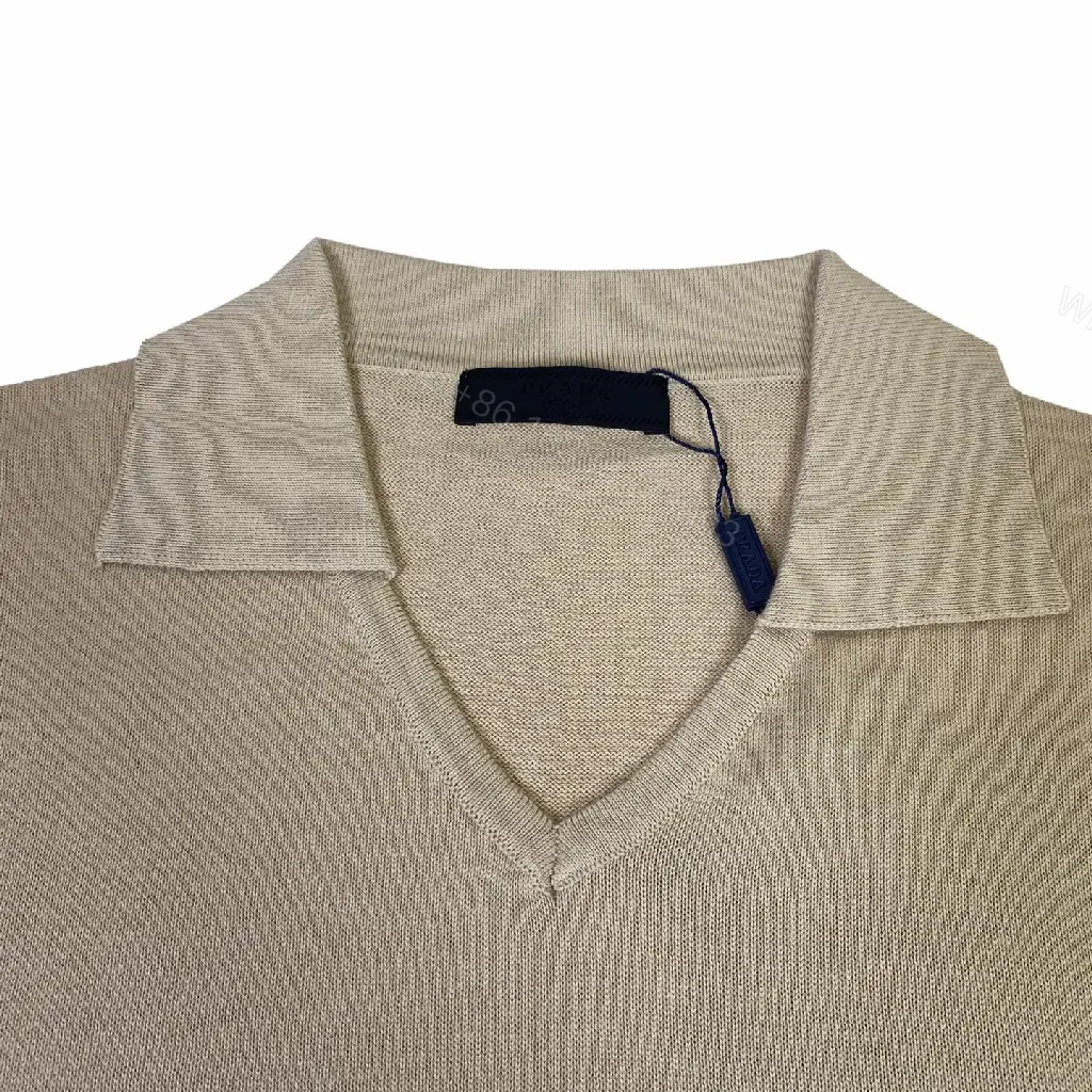 View 2 of Beige Knit Polo Shirt with V-Neck, Minimalist