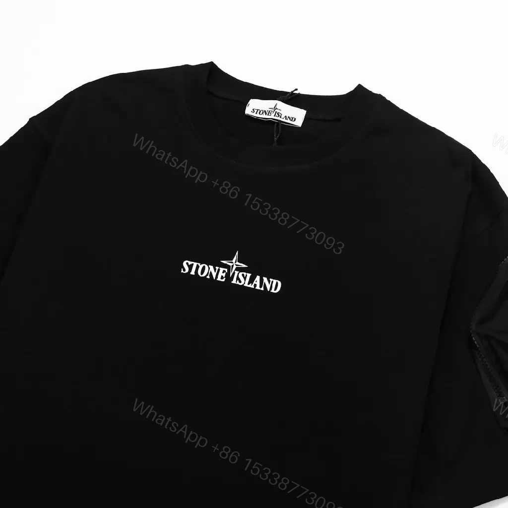 View 3 of Stone Fabrication: Minimal Tee with Sleeve Zip Pocket, Premium Cotton