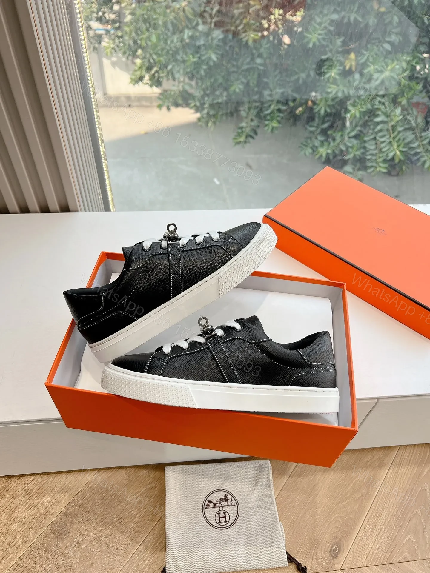 View 4 of Hermes Women Black Leather Sneakers With Buckle Strap