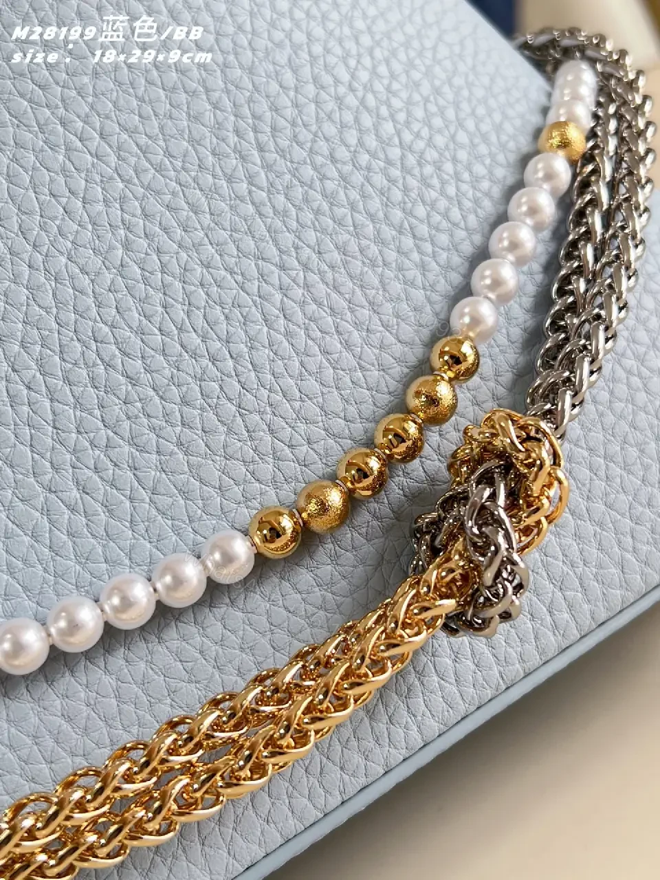 View 7 of Soft Blue Pebbled Leather Satchel with Pearl Chain Accent