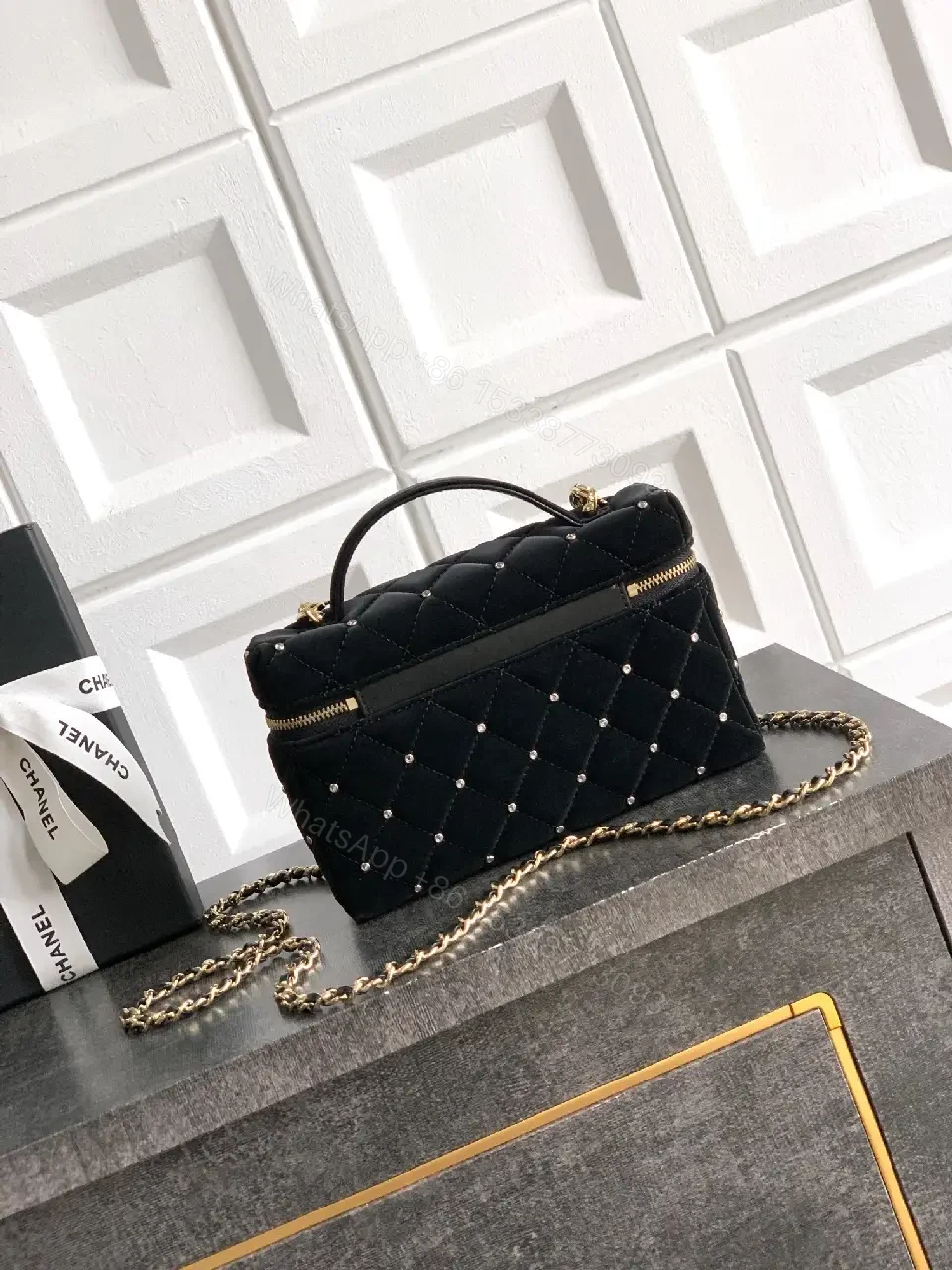View 9 of Velvet Quilted Crossbody Mini Bag with Gold Hardware