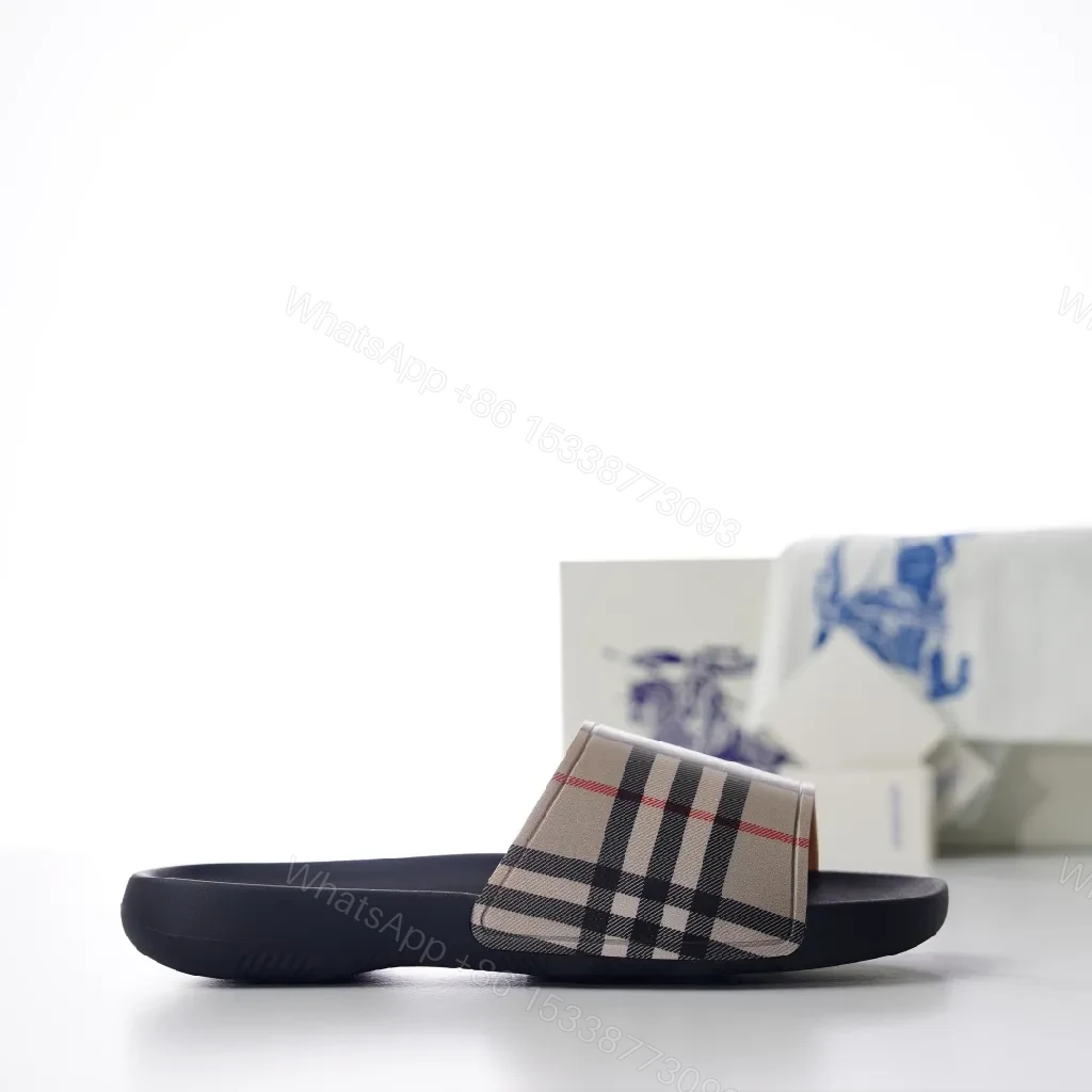 View 2 of Beige Checkered Slide: Contoured Comfort