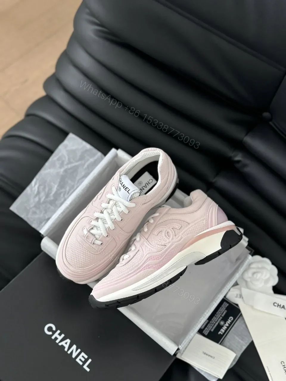 View 2 of Soft Pink Leather Sneaker - Subtle Couture Texture, Everyday Luxe, High-Top