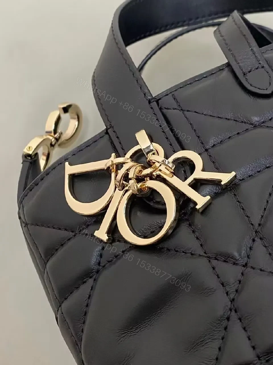 View 2 of Quilted Black Leather Mini Tote with Gold Hardware