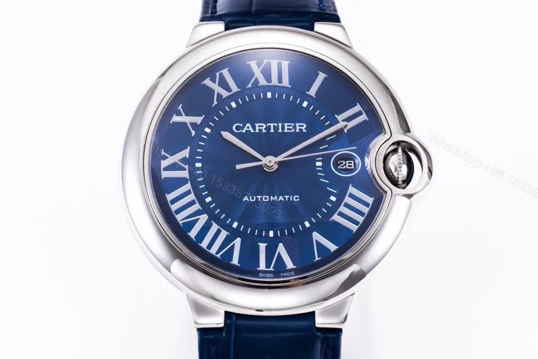 View 2 of JF Factory Cartier Ballon Bleu 42mm Blue Dial Stainless Steel Automatic Watch with Mississippi Alligator Leather Strap