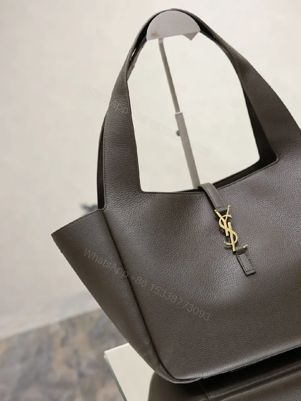 View 7 of Dark Brown/Black Pebbled Leather Tote with Gold YSL Charm