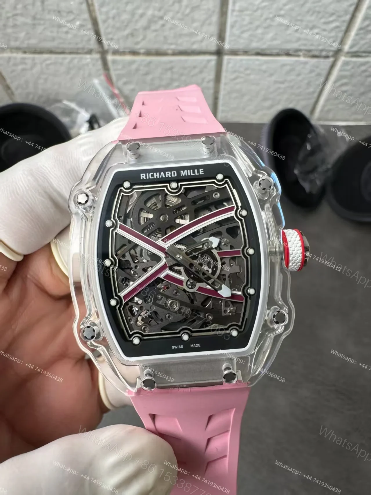 Super Clone Richard Mille RM67-02 Sapphire Crystal Skeleton Tourbillon 1:1 Replica Watch with Pink Rubber Strap — view 1