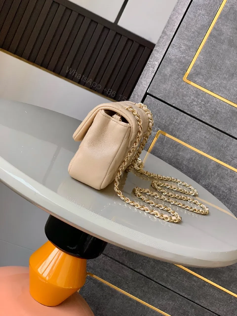 View 3 of Quilted Mini Flap Bag: Neutral Leather, Gold Hardware, Classic Chic