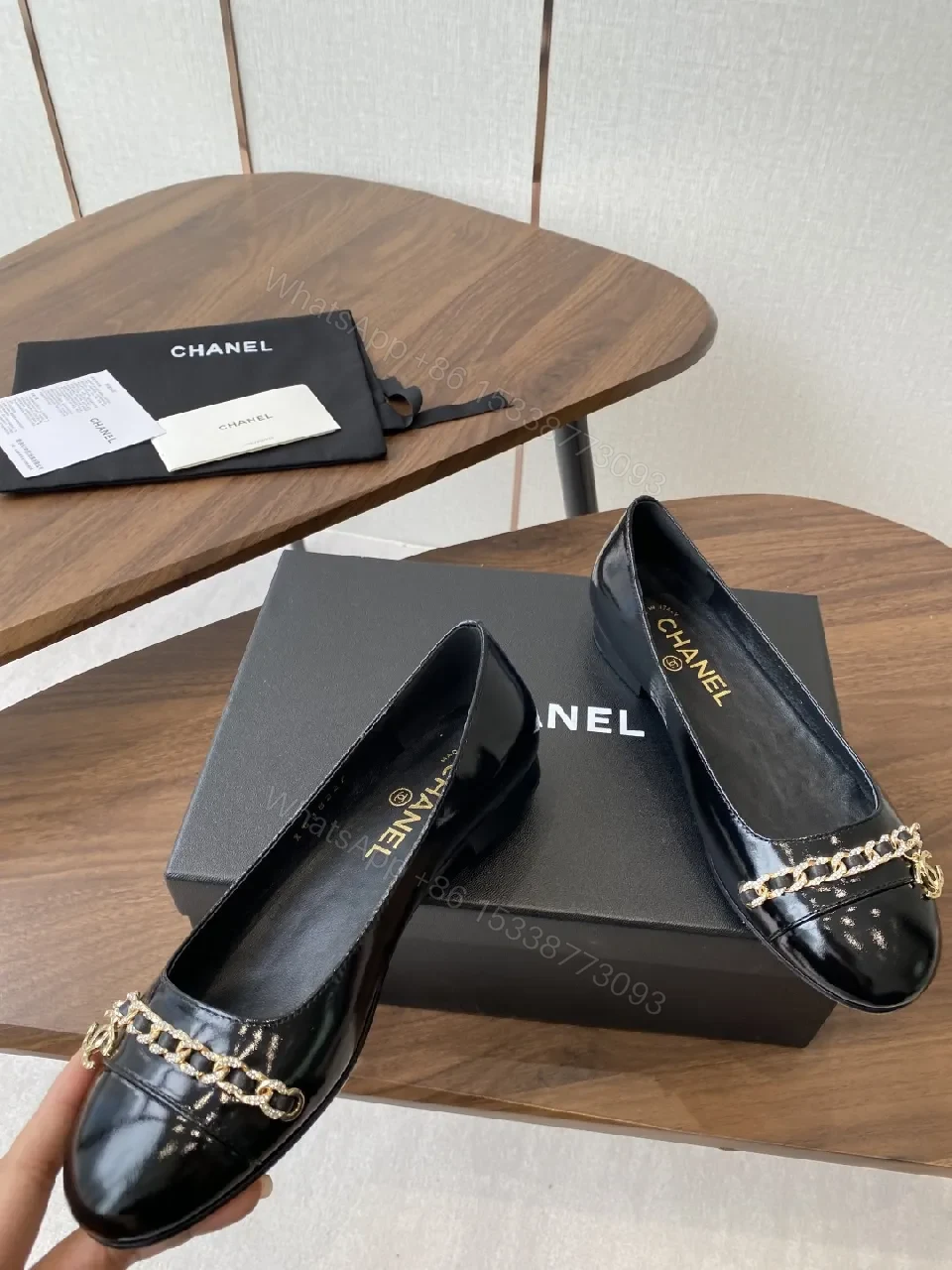 View 5 of Black Leather Ballet Flats with Gold Chain Hardware
