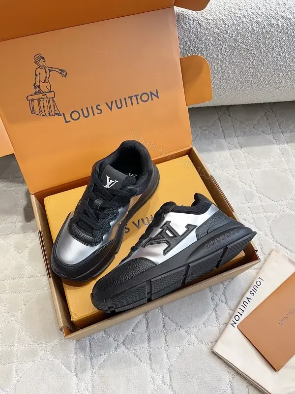 Black Silver Leather Chunky Sneakers with LV Logo, Louis Vuitton Style — view 1