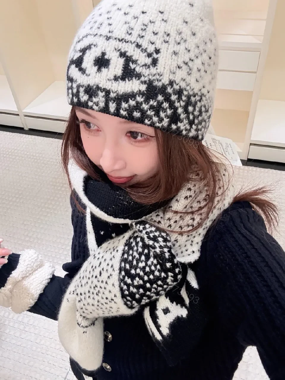 View 5 of Monochrome Luxe Knit Scarf & Beanie Set - Premium Winter