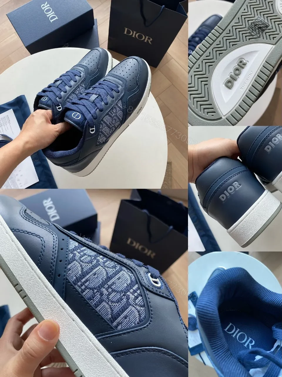 View 5 of Navy Leather Dior-Style Monogram Sneaker with Textured Panels