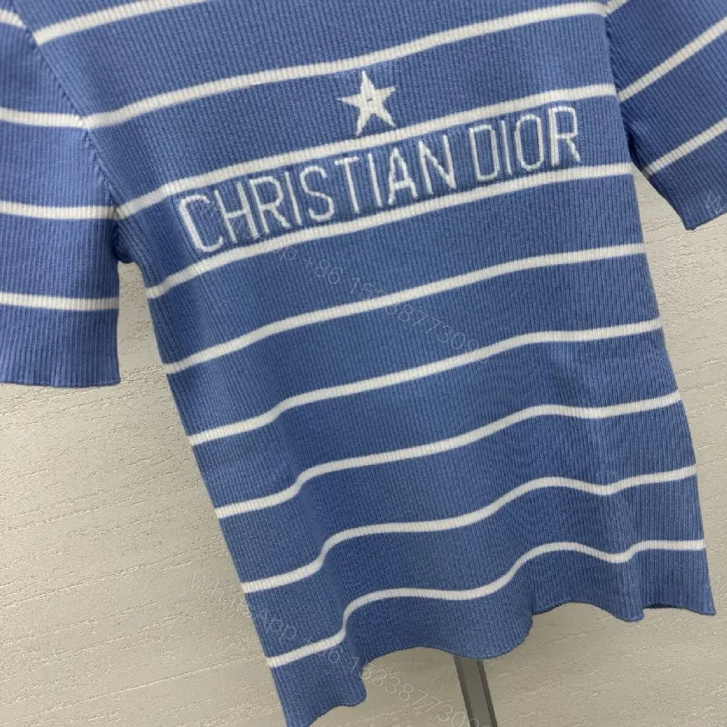 View 8 of Blue Stripes Knit Tee - Elevated Casual Luxury Knit Top