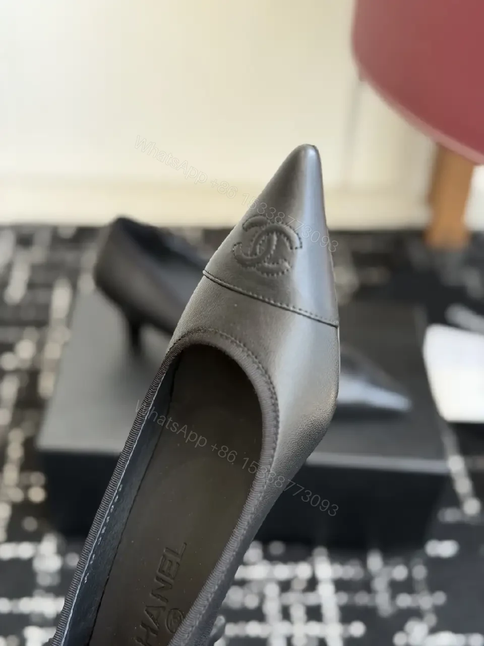 View 5 of Black Leather Pointed-Toe Pumps Chanel Logo Pumps