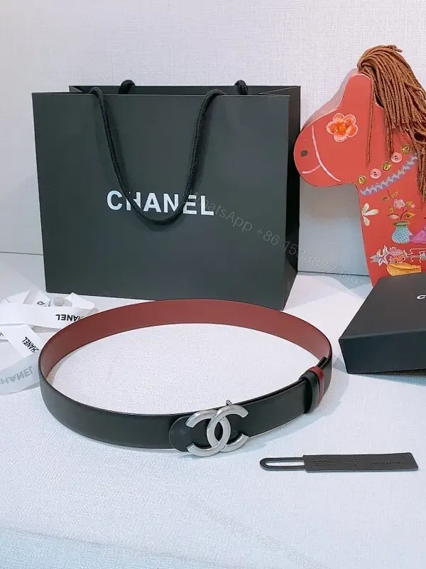 Refined Black & Red Leather Belt with Double-CC Clasp — view 1