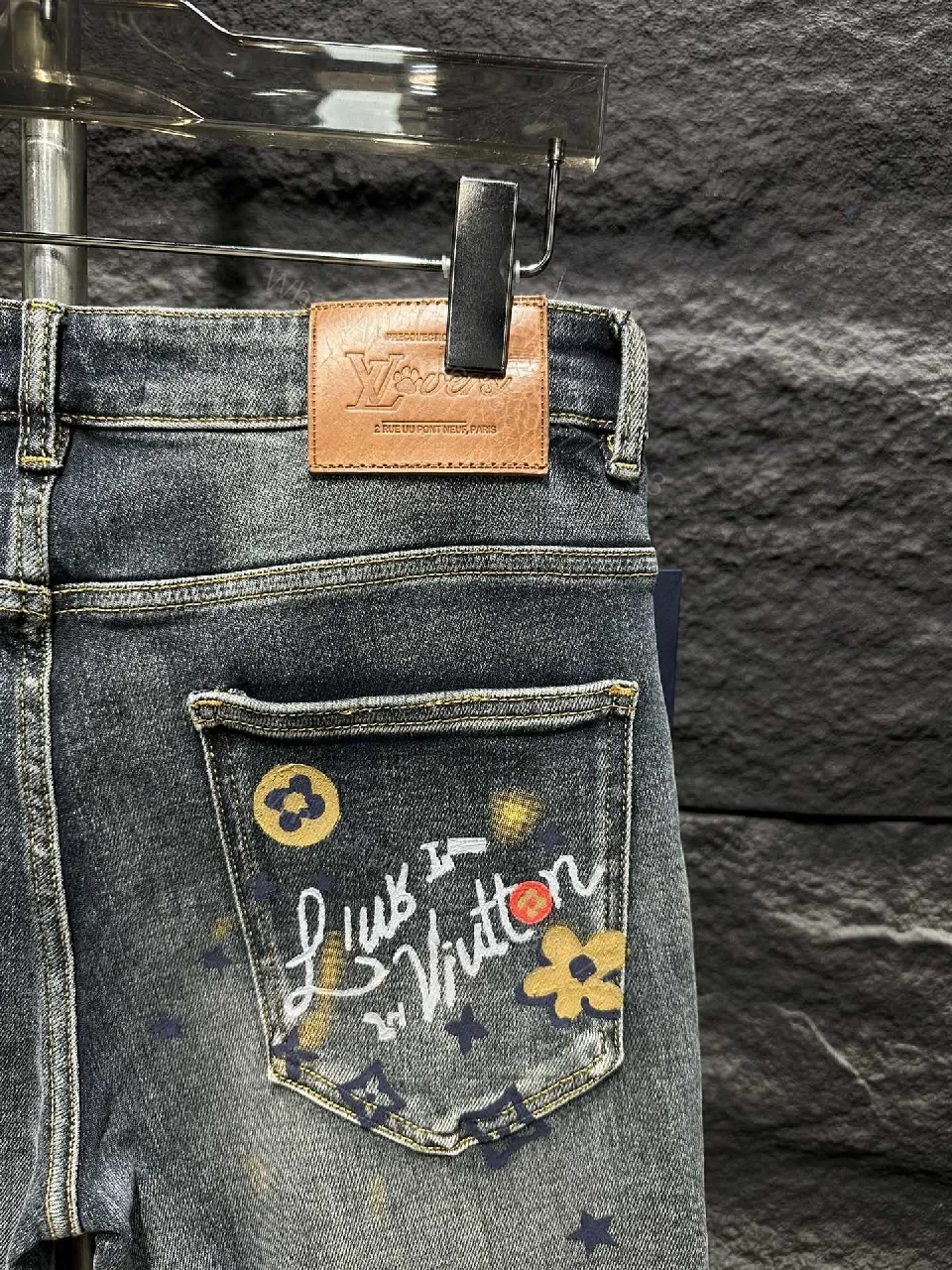 View 6 of Distressed Indigo Jeans with LV-Inspired Embellishments - Denim Luxe style