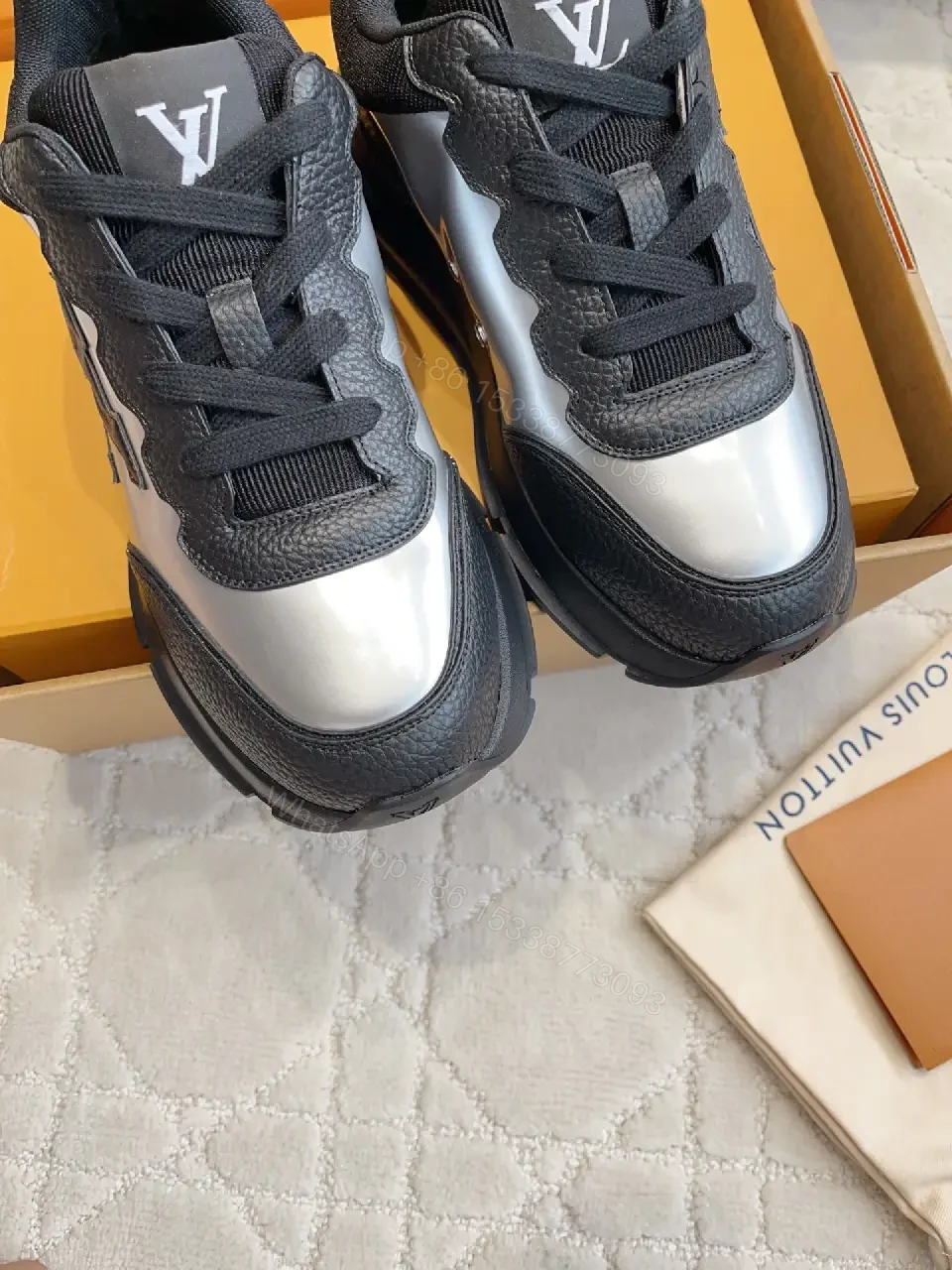 View 5 of Black Silver Leather Chunky Sneakers with LV Logo, Louis Vuitton Style