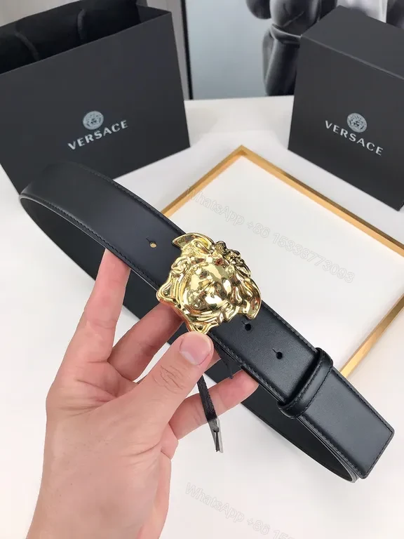 View 5 of Black Leather Belt with Gold Medusa Buckle - Lux, Versace-Inspired