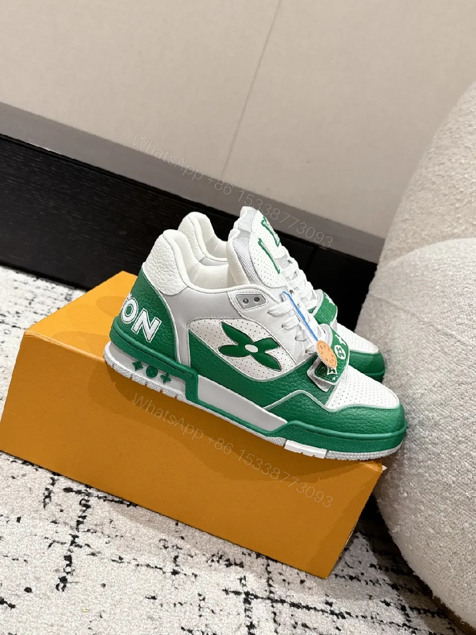 View 9 of White-Green Luxury Trainers: Textured Leather, Midfoot Strap Sneaker
