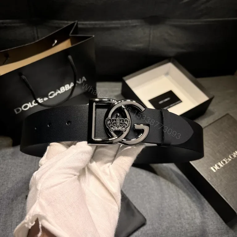 Sleek Black Leather Belt with Crystal Crown Buckle - DG Signature — view 1