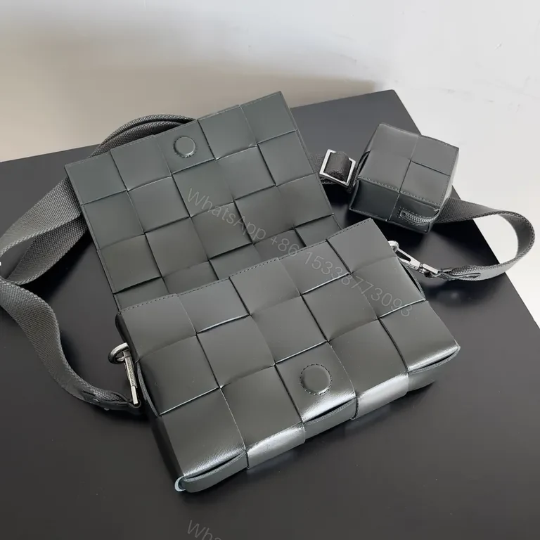 View 8 of Structured Leather Bottega-Style Grid Crossbody Bag