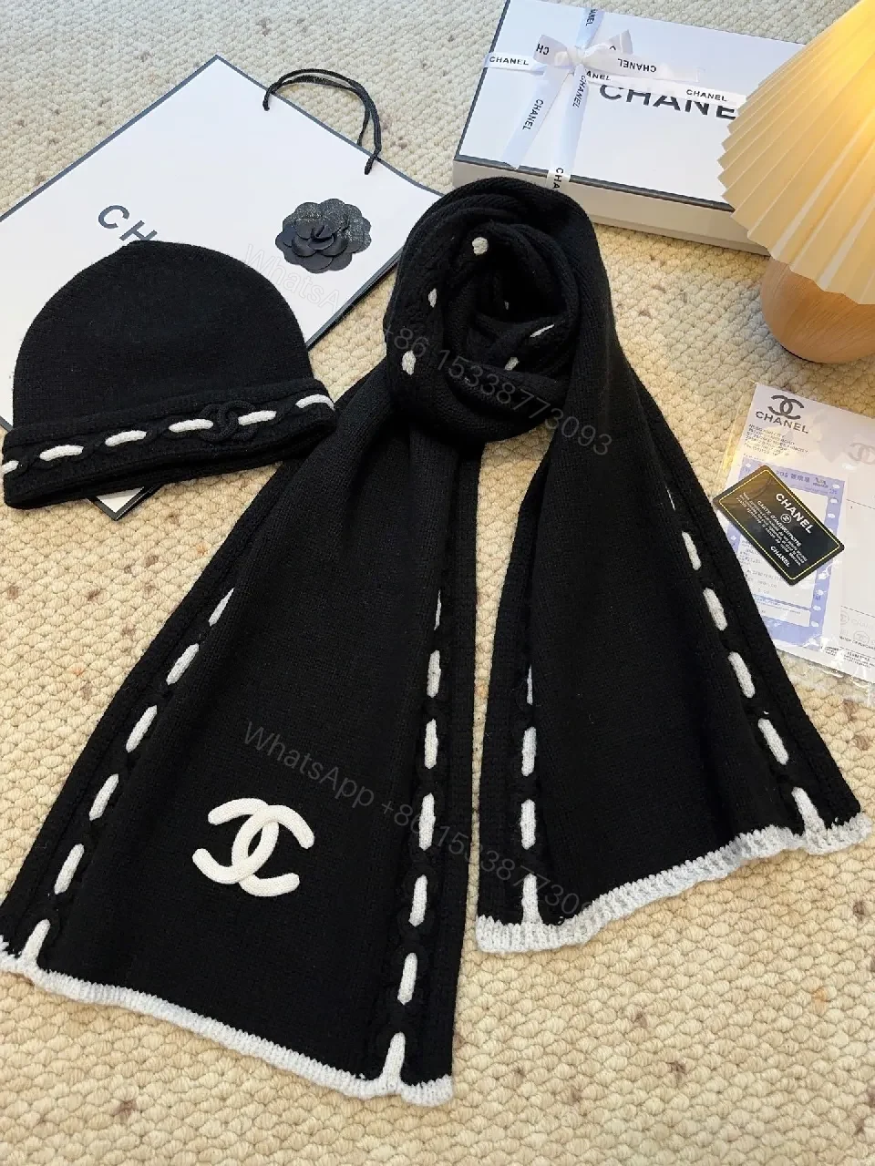 View 8 of Black Knit Scarf with White Stitching — Luxury Cozy Accessory