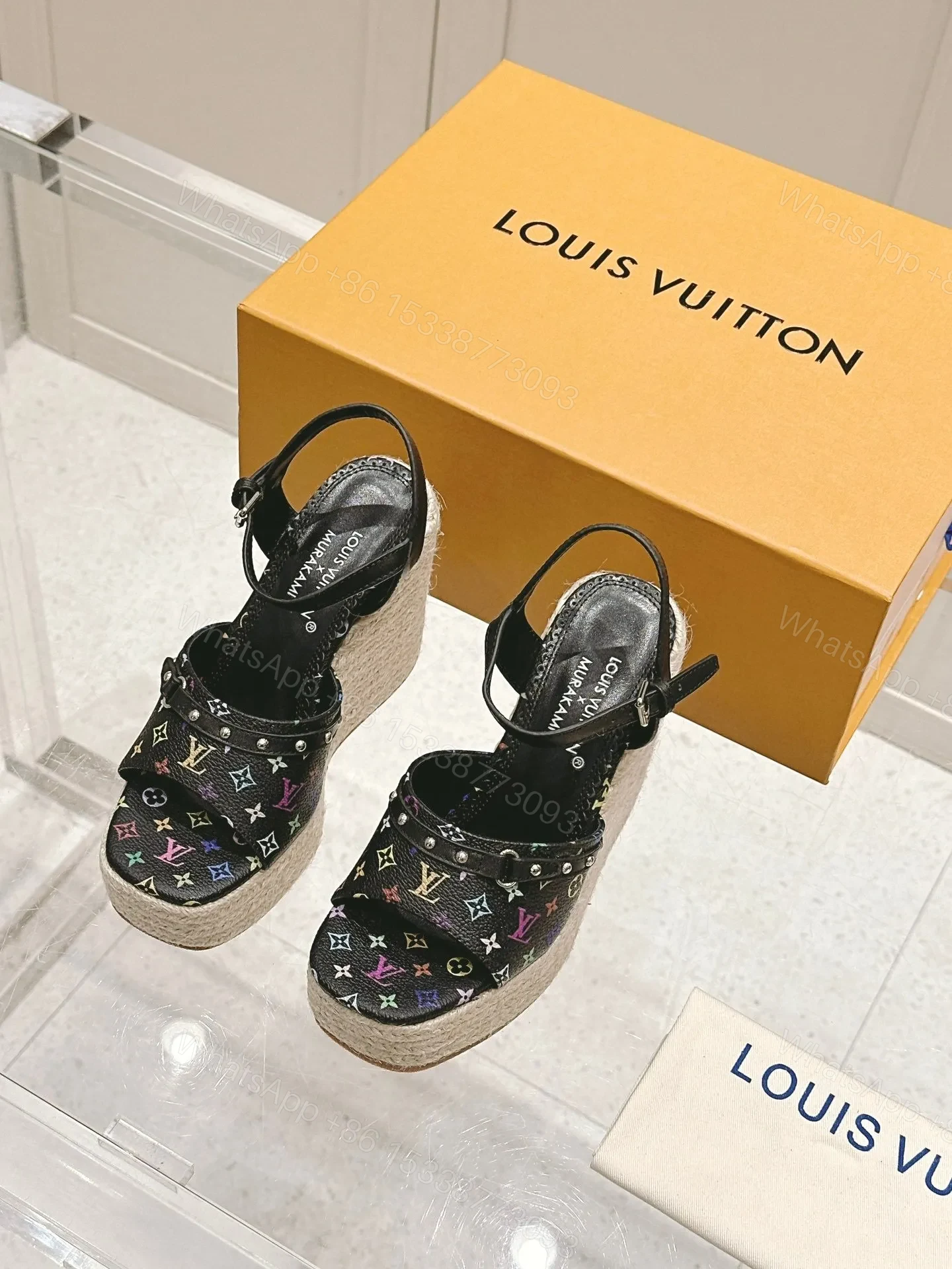 LV Women Black Leather Espadrille Wedge Sandals — view 1