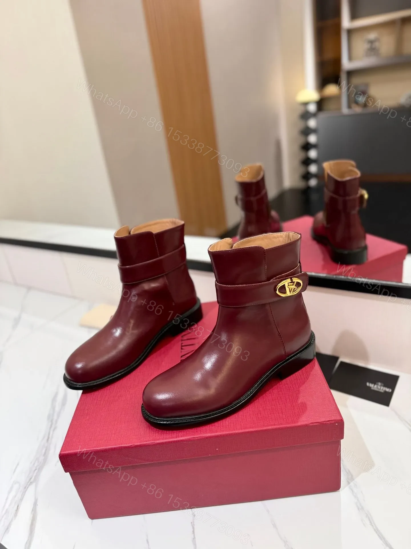 View 3 of Valentino Women Burgundy Leather Ankle Boots