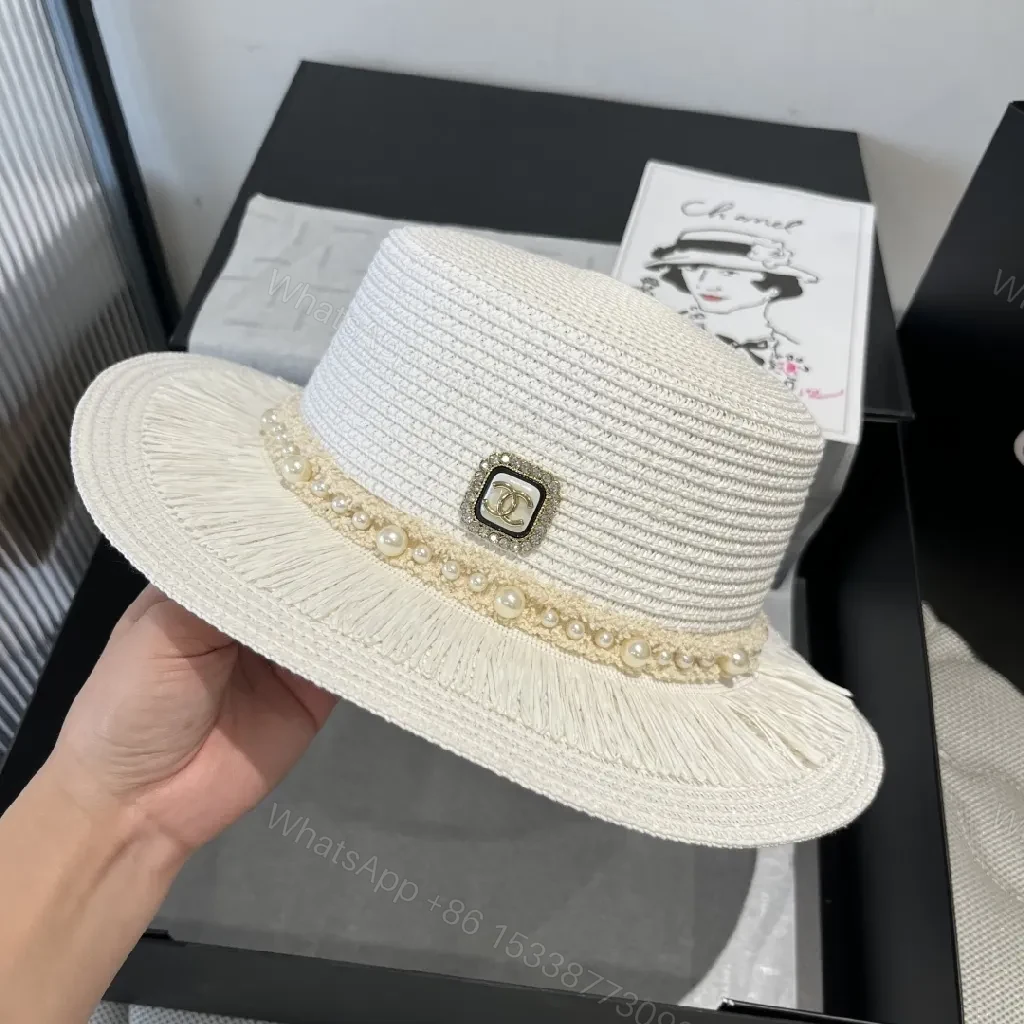 View 6 of Pearl-Trim Straw Hat: Luxe Chic, Effortless Style, Wide Brim