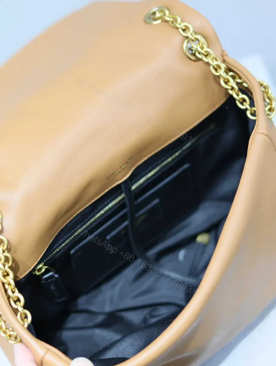 View 4 of Quilted Leather Camel Shoulder Bag with Gold Hardware