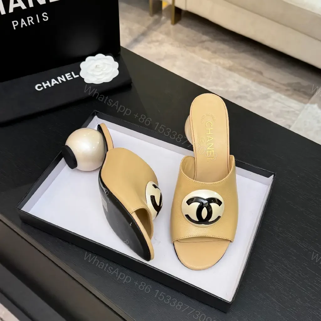 View 2 of Open-Back Logo-Accent Slide Heels: Everyday Luxe Comfort