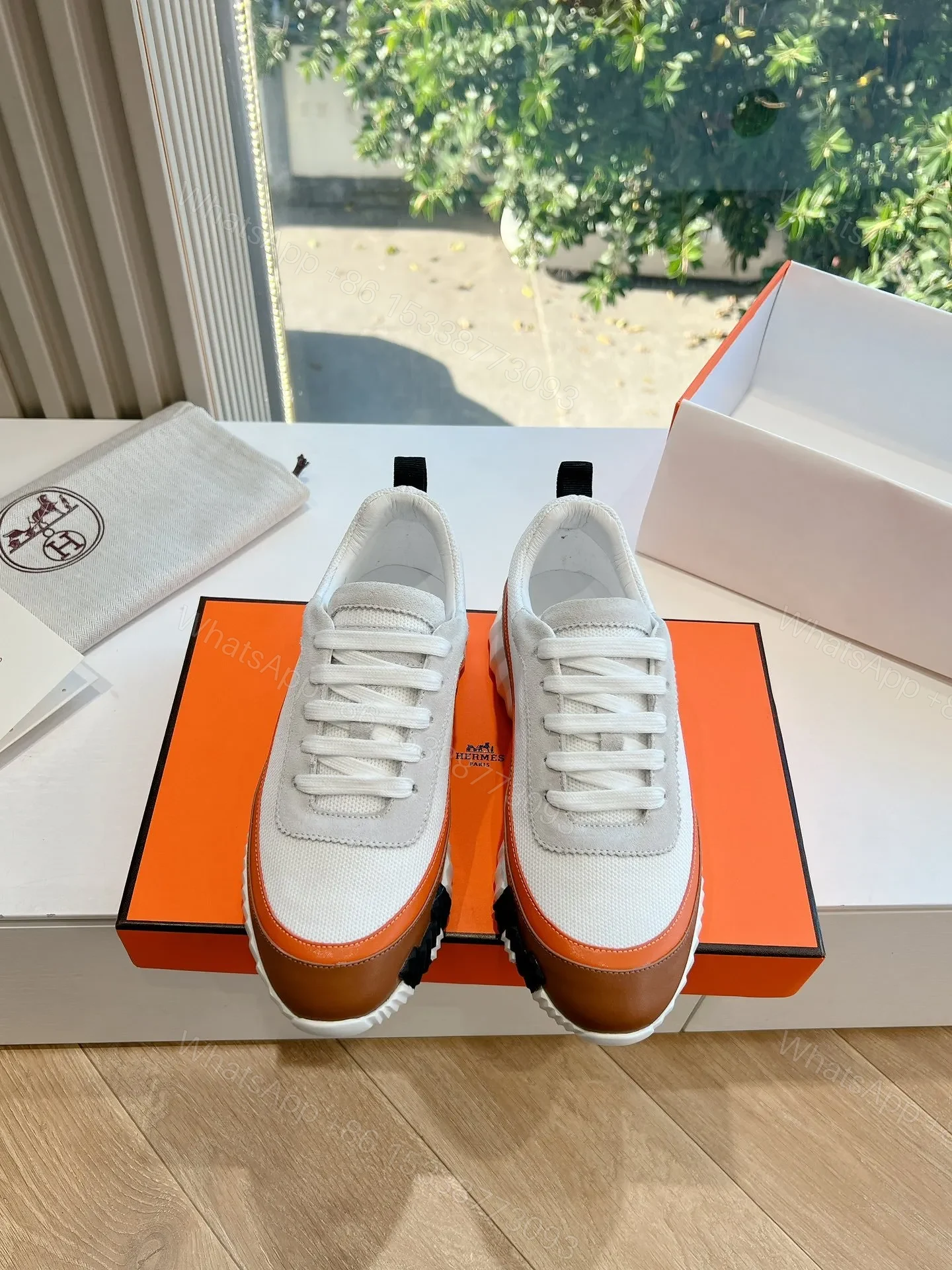 Hermes Women White Brown Leather Mesh Sneakers — view 1