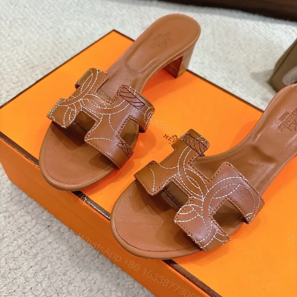 View 7 of Brown Leather Sandals with Signature Stitching Luxury Comfort