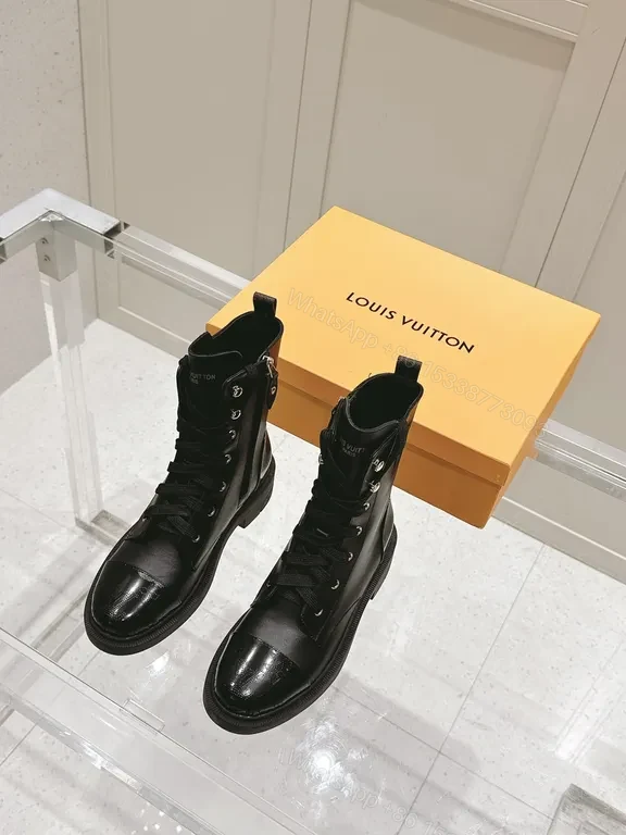 View 8 of Glossy Black Combat Boot - Louis Vuitton-Inspired Detailing, All-Day Comfort