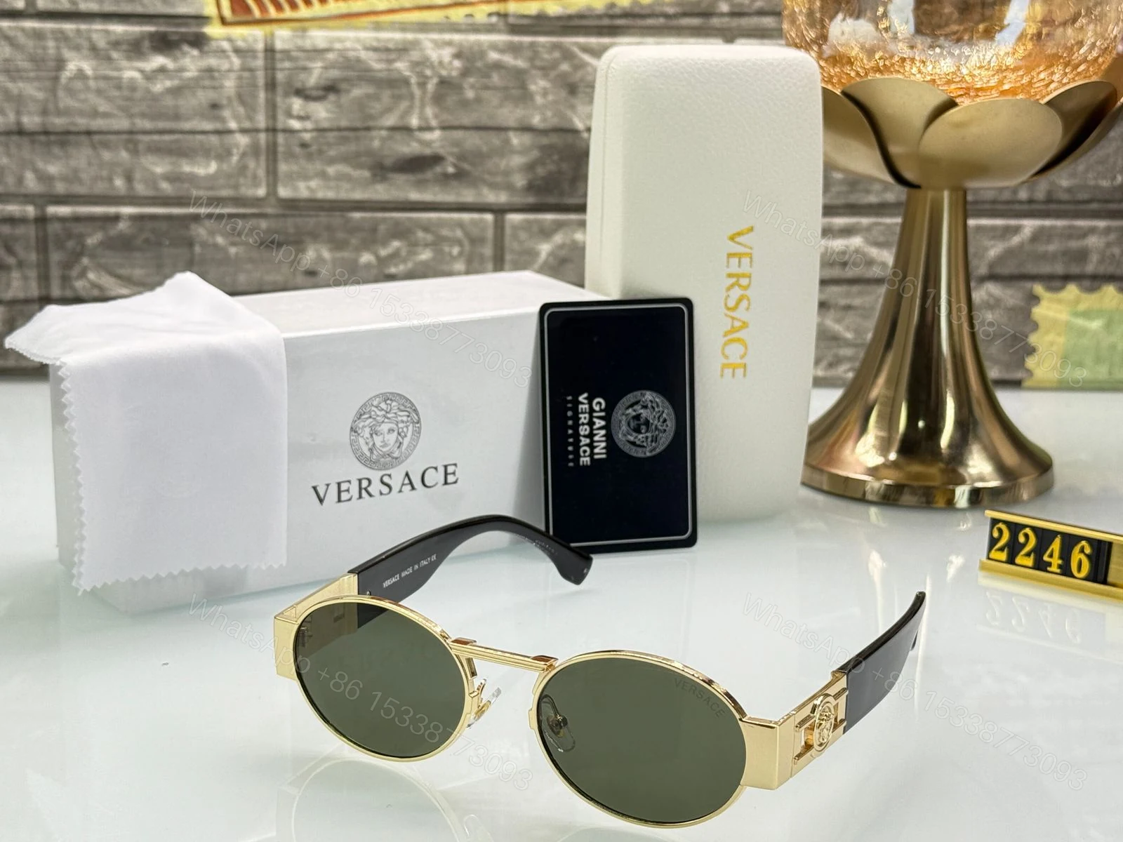 Versace Oval Metal Sunglasses Gold Green — view 1